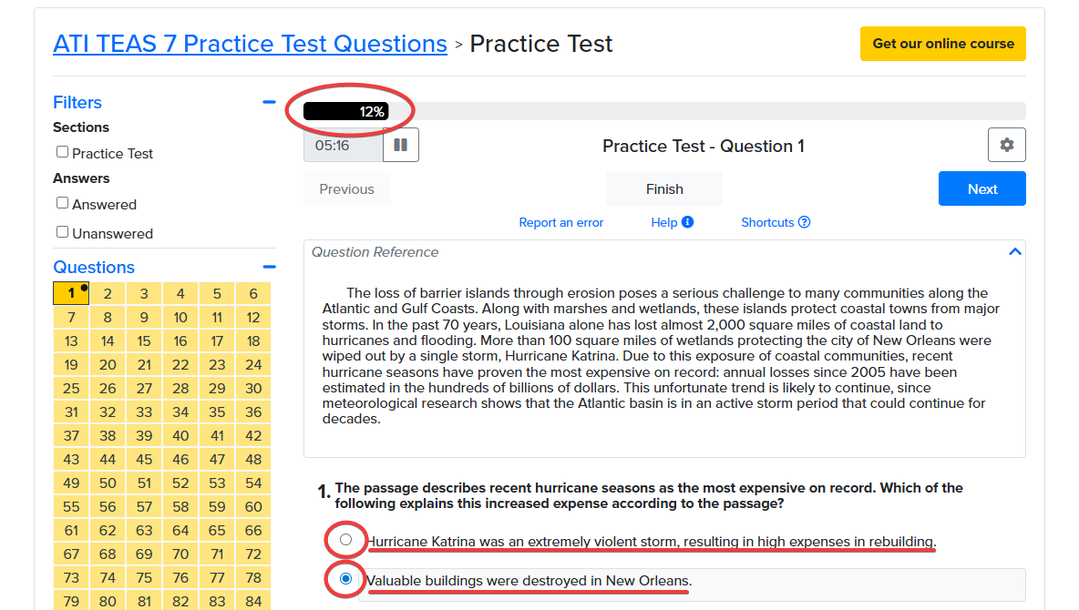 Answer selection and progress indicator